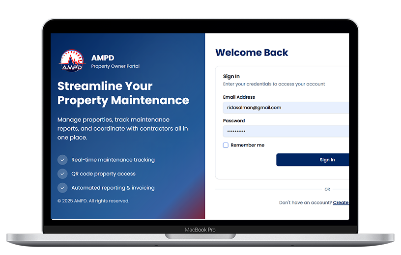 AMPD property owner portal demo on MacBook